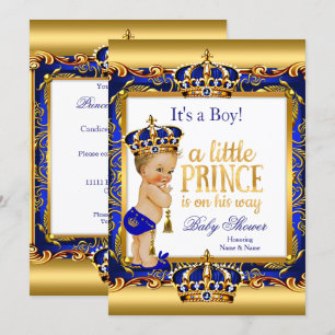 Prince Baby Shower Blue Ornate Gold Blonde Boy Invitation