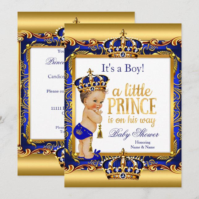 Prince Baby Shower Blue Ornate Gold Brunette Boy Invitation (Front/Back)