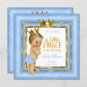 Prince Baby Shower Blue White Gold Crown Blonde Invitation