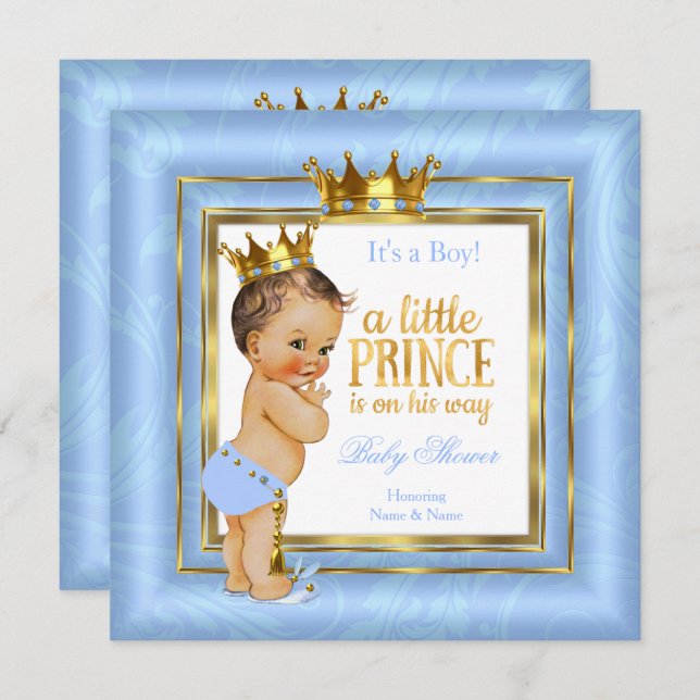 Prince Baby Shower Blue White Gold Crown Brunette Invitation (Front/Back)