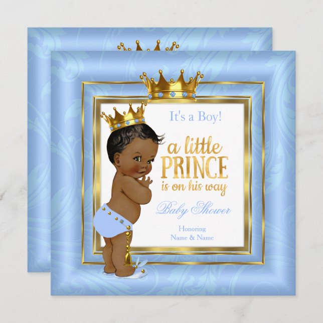 Prince Baby Shower Blue White Gold Crown Ethnic Invitation (Front/Back)
