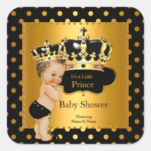 Prince Baby Shower Boy Black Gold Brunette Square Sticker