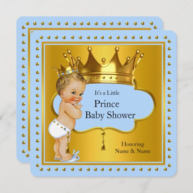 Prince Baby Shower Boy Blue Gold Crown Blonde Invitation (Front/Back)