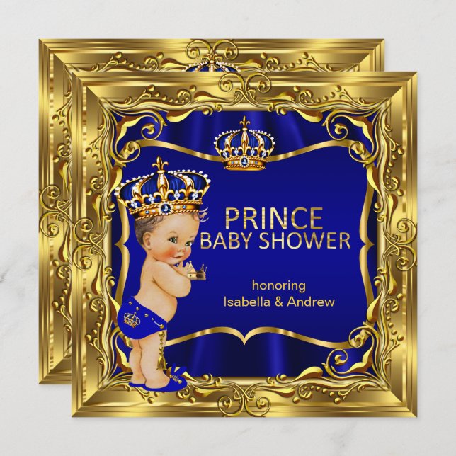 Prince Baby Shower Boy Blue Ornate Gold Invitation (Front/Back)