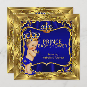 Prince Baby Shower Boy Blue Ornate Gold Invitation