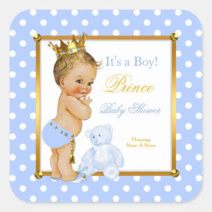 Prince Baby Shower Boy Blue Polka Dot Blonde Square Sticker