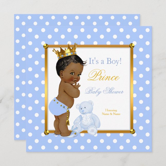 Prince Baby Shower Boy Blue Polka Dot Ethnic Invitation (Front/Back)