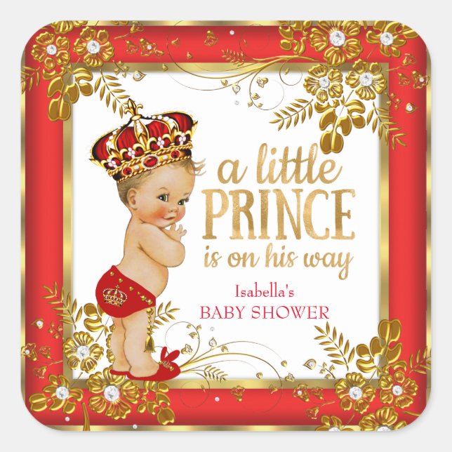 Prince Baby Shower Boy Red Gold White Blonde Square Sticker (Front)