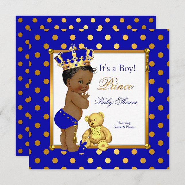 Prince Baby Shower Boy Royal Blue Gold Ethnic Invitation (Front/Back)