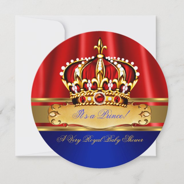 Prince Baby Shower Boy Royal Blue Gold Red Crown 2 Invitation (Front)