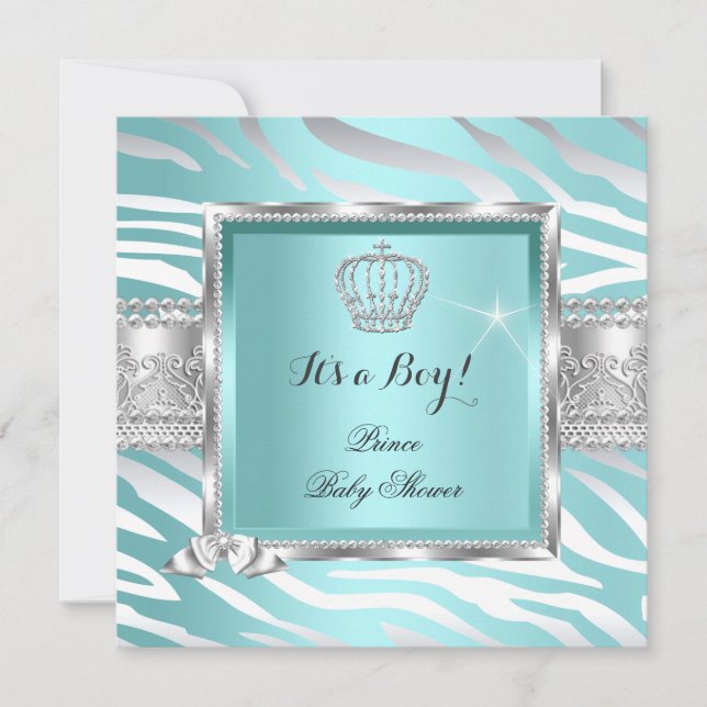 Prince Baby Shower Boy Teal Blue Mint Zebra Invitation (Front)