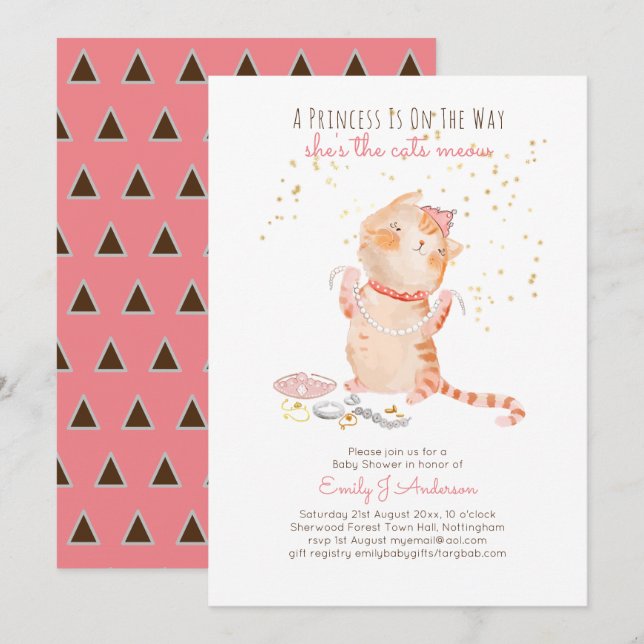 Prince Baby Shower Cats Kitten Girls Pink Cute Invitation (Front/Back)