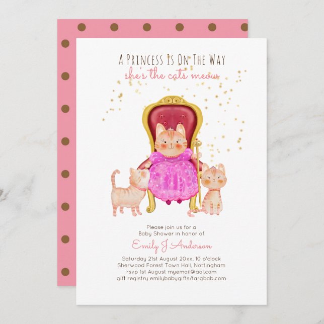 Prince Baby Shower Cats Kitten Girls Pink Cute Invitation (Front/Back)