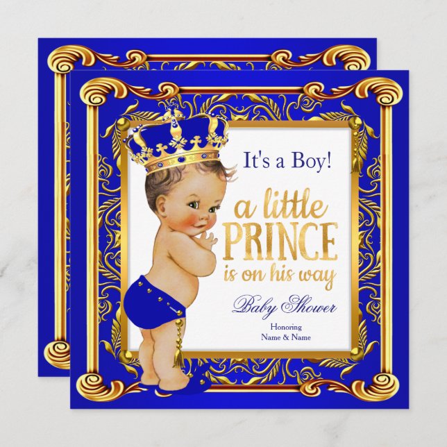 Prince Baby Shower Damask Blue Gold Brunette Invitation (Front/Back)