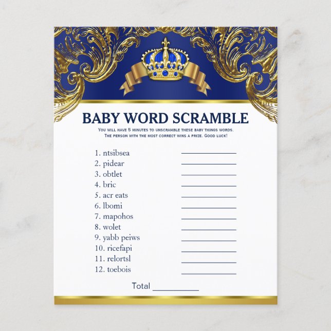 Prince Baby Shower Games Word Scramble Rhyme Quiz (Front)