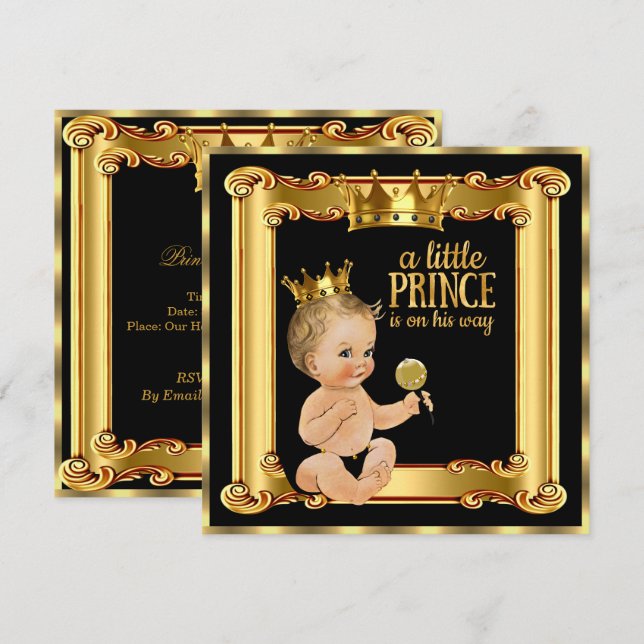 Prince Baby Shower Gold Faux Foil Black Blonde Boy Invitation (Front/Back)