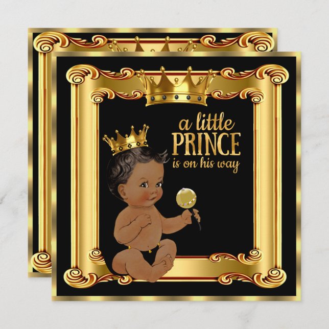 Prince Baby Shower Gold Faux Foil Black Ethnic Invitation (Front/Back)