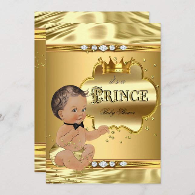 Prince Baby Shower Gold Foil Brunette Bow Tie Invitation (Front/Back)