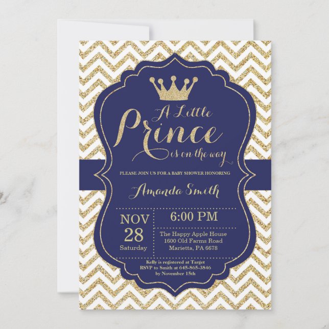 Prince Baby Shower Invitation Navy and Gold (Front)