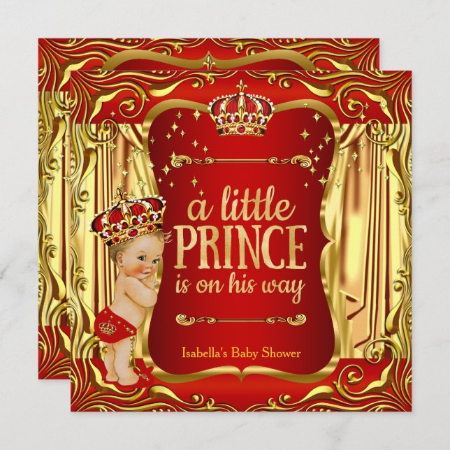 Prince Baby Shower Red Gold Boy Blonde Invite (Front/Back)