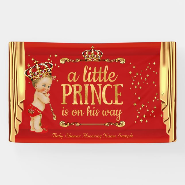 Prince Baby Shower Red Gold Drapes Blonde Boy Banner (Horizontal)