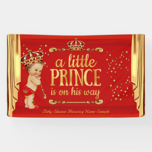 Prince Baby Shower Red Gold Drapes Brunette Boy Banner