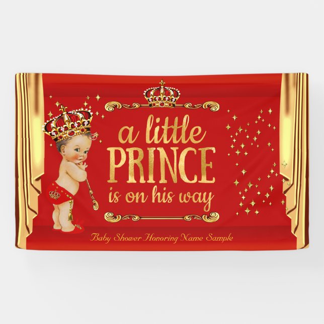 Prince Baby Shower Red Gold Drapes Brunette Boy Banner (Horizontal)