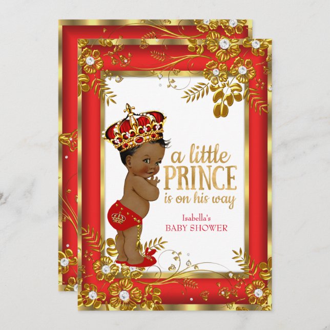 Prince Baby Shower Red Gold White Ethnic Invitation (Front/Back)