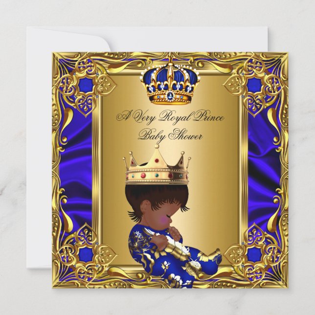 Prince Baby Shower Regal Gold Royal Blue Boy A Invitation (Front)