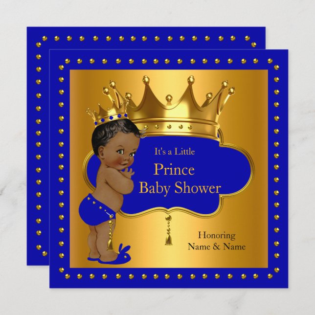 Prince Baby Shower Royal Blue Boy Crown Ethnic Invitation (Front/Back)