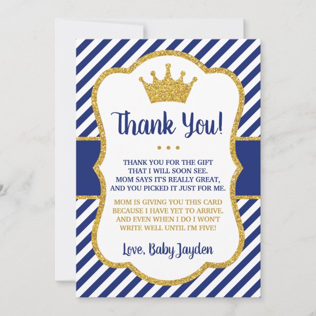 Prince Baby Shower Thank You Card | Blue and Gold (Front)