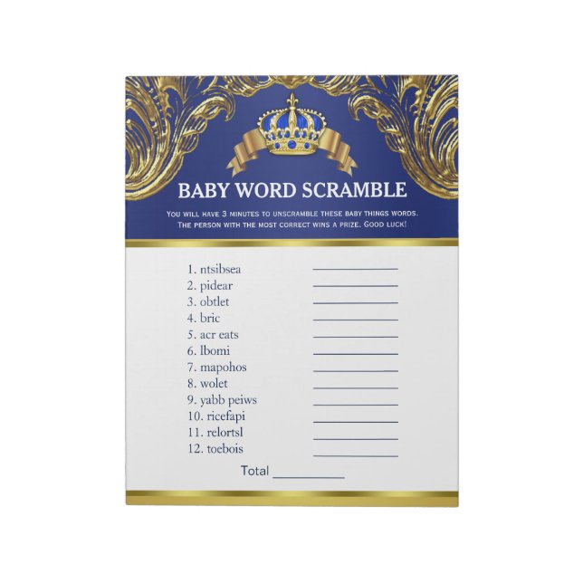 Prince Baby Shower Word Scramble Games Notepad (Rotated)