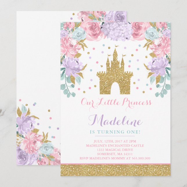 Prince Birthday Invitation Gold Princess Catle (Front/Back)