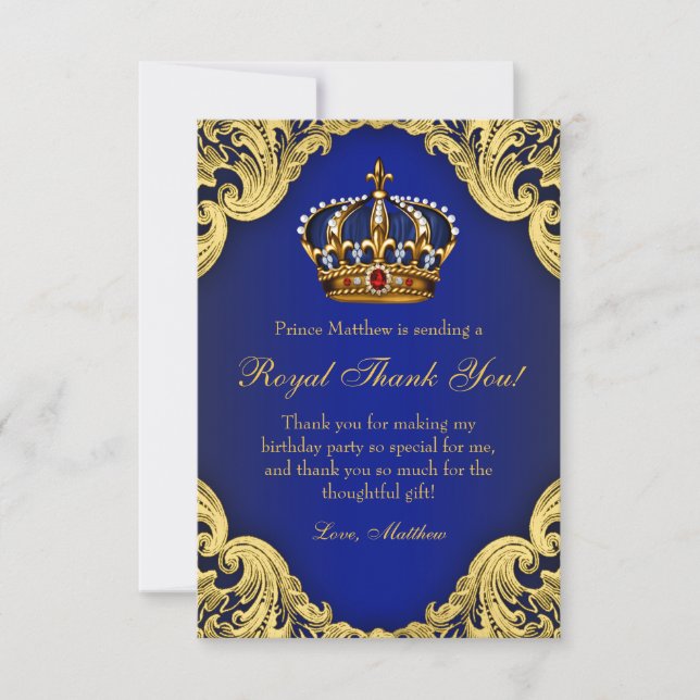 Prince Birthday Party Thank You Cards Royal Crown (Front)