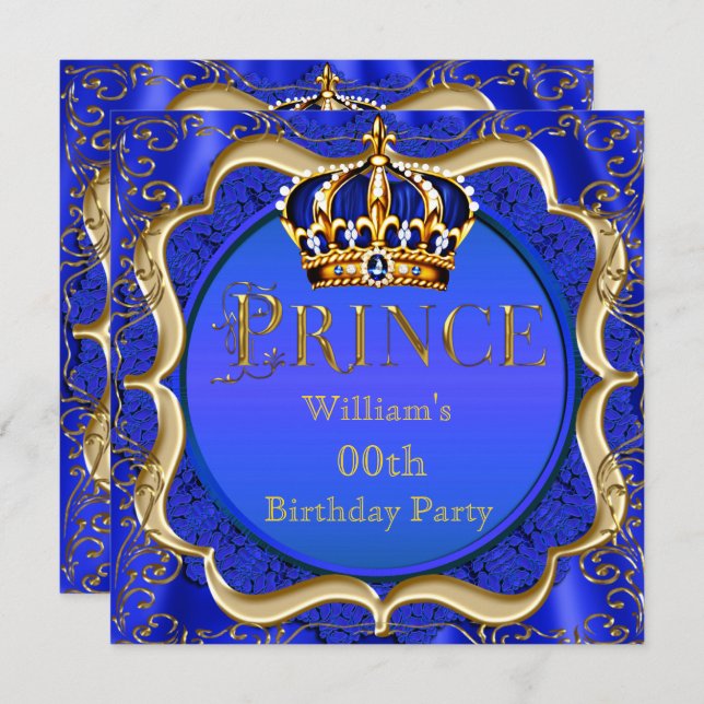 Prince Birthday Royal Blue Gold Crown Mens Invitation (Front/Back)