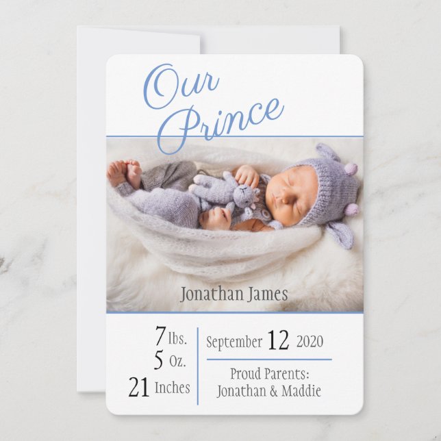 Prince Blue Baby Boy Elegant Photo Name Birth Announcement (Front)