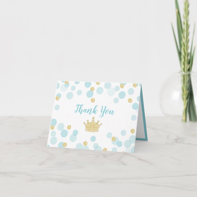 Prince Blue Gold Confetti Baby Shower Thank You Card (Front)