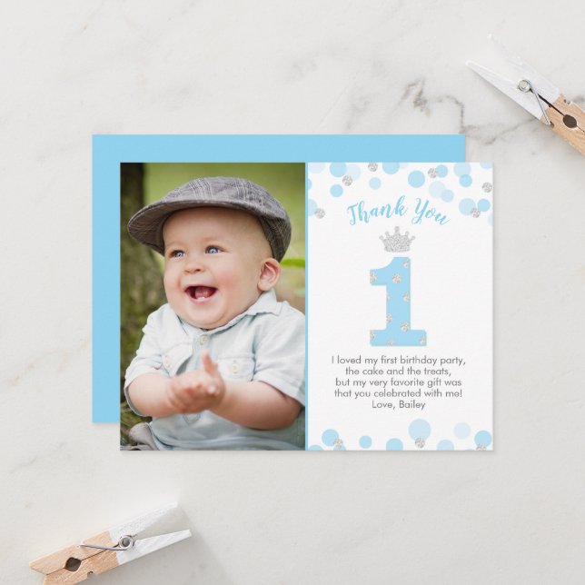 Prince Blue Silver 1st Birthday Thank You Card (Front/Back In Situ)