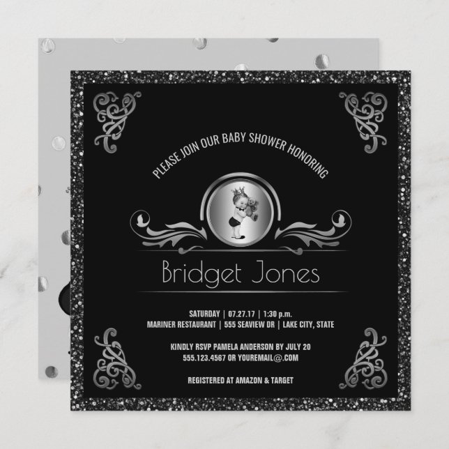 Prince Boy Baby Shower Black Silver Faux Glitter Invitation (Front/Back)