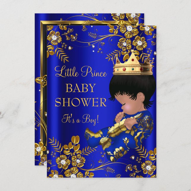 Prince Boy Baby Shower Blue Gold Invitation (Front/Back)