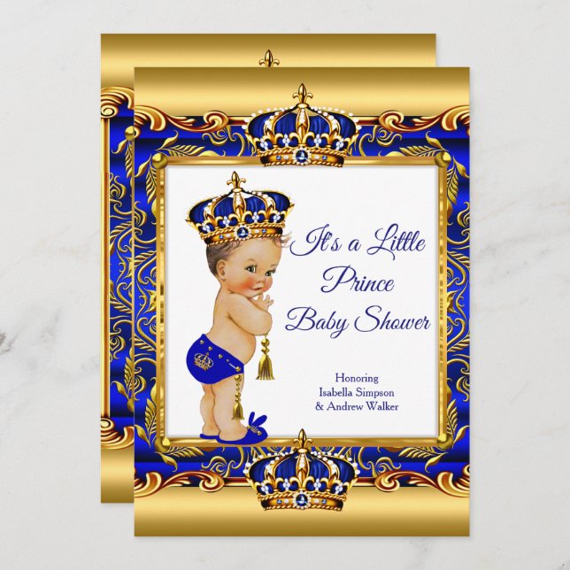 Prince Boy Baby Shower Blue Ornate Gold Brunette Invitation (Front/Back)