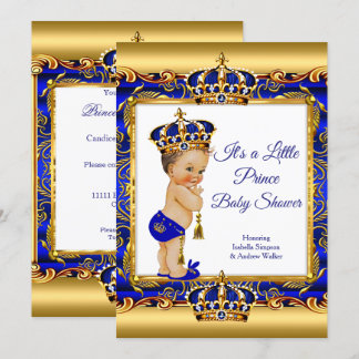 Prince Boy Baby Shower Blue Ornate Gold Brunette Invitation