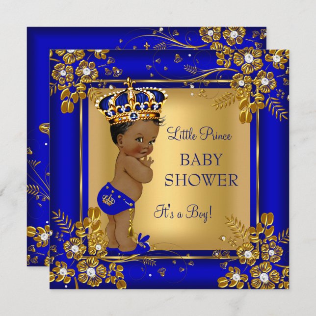 Prince Boy Baby Shower Gold Blue African American Invitation (Front/Back)