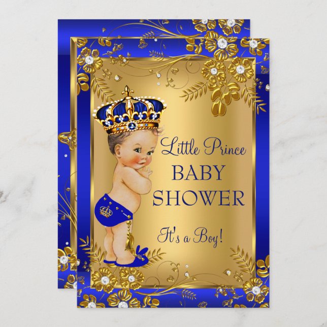 Prince Boy Baby Shower Gold Blue Floral Brunette Invitation (Front/Back)