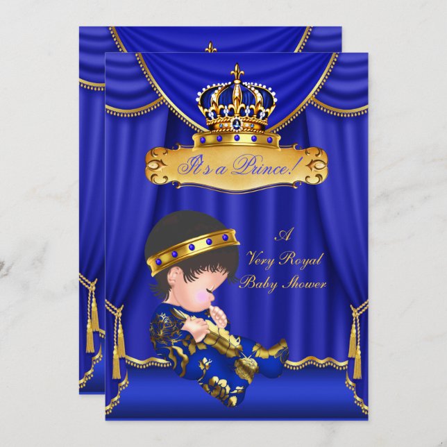 Prince Boy Baby Shower Royal Blue Drapes Brunette Invitation (Front/Back)