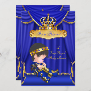 Prince Boy Baby Shower Royal Blue Drapes Brunette Invitation