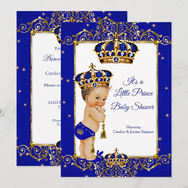 Prince Boy Baby Shower Royal Blue Gold Brunette Invitation (Front/Back)