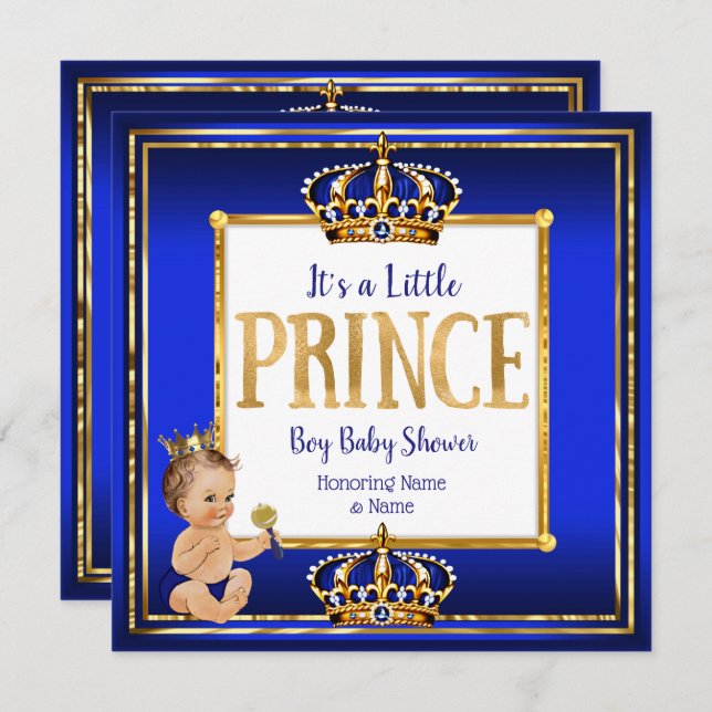 Prince Boy Baby Shower Royal Blue Gold Brunette Invitation (Front/Back)