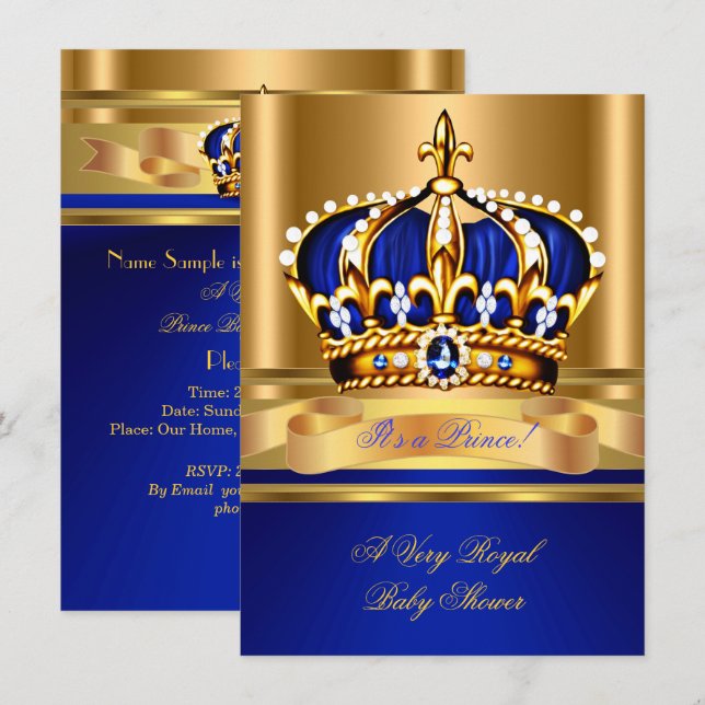 Prince Boy Baby Shower Royal Blue Gold Crown 2 Invitation (Front/Back)