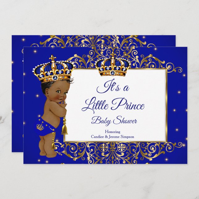Prince Boy Baby Shower Royal Blue Gold Ethnic 2 Invitation (Front/Back)